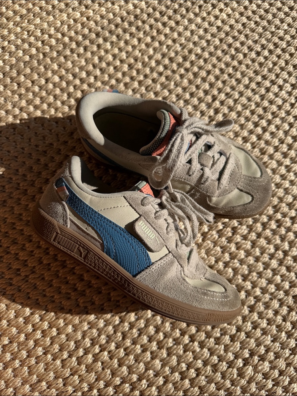 Puma Kids Suede Sneakers in Beige and Blue with Coral Accent